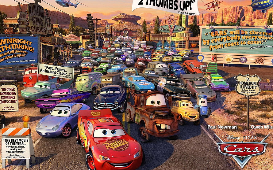 Disney Pixar Cars Movie Poster Featuring Lightning McQueen and Rust-eze in Radiator Springs HD wallpaper