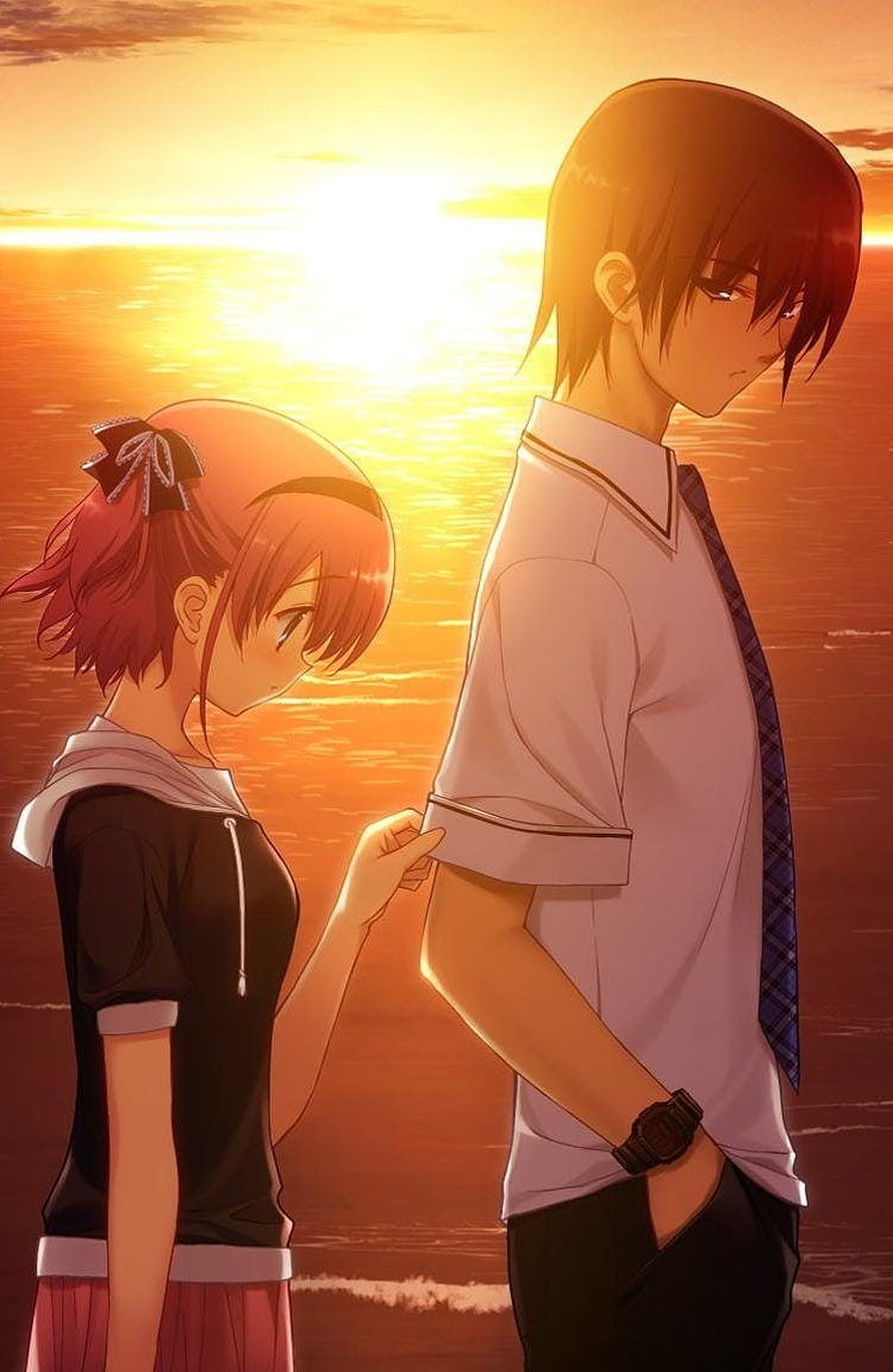 Anime Couple Walking on Beach at Sunset with Emotional Mood HD phone wallpaper