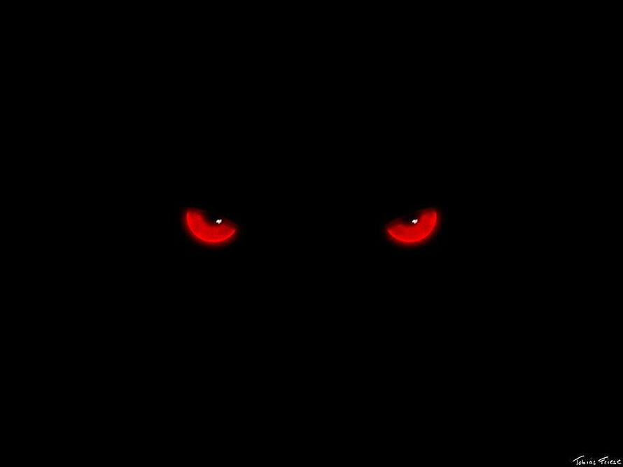 Glowing Red Eyes in Pitch Black Darkness Minimalist Horror Wallpaper HD wallpaper