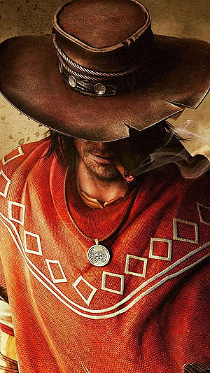 Wild West Cowboy Portrait in Red Poncho and Leather Hat HD phone wallpaper