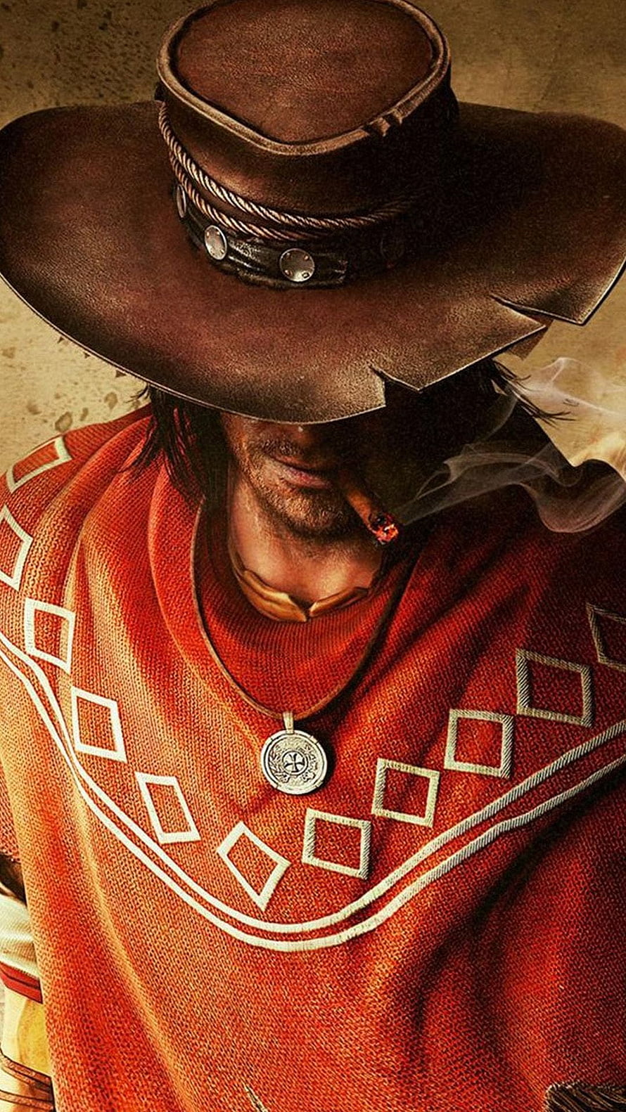 Wild West Cowboy Portrait in Red Poncho and Leather Hat HD phone wallpaper