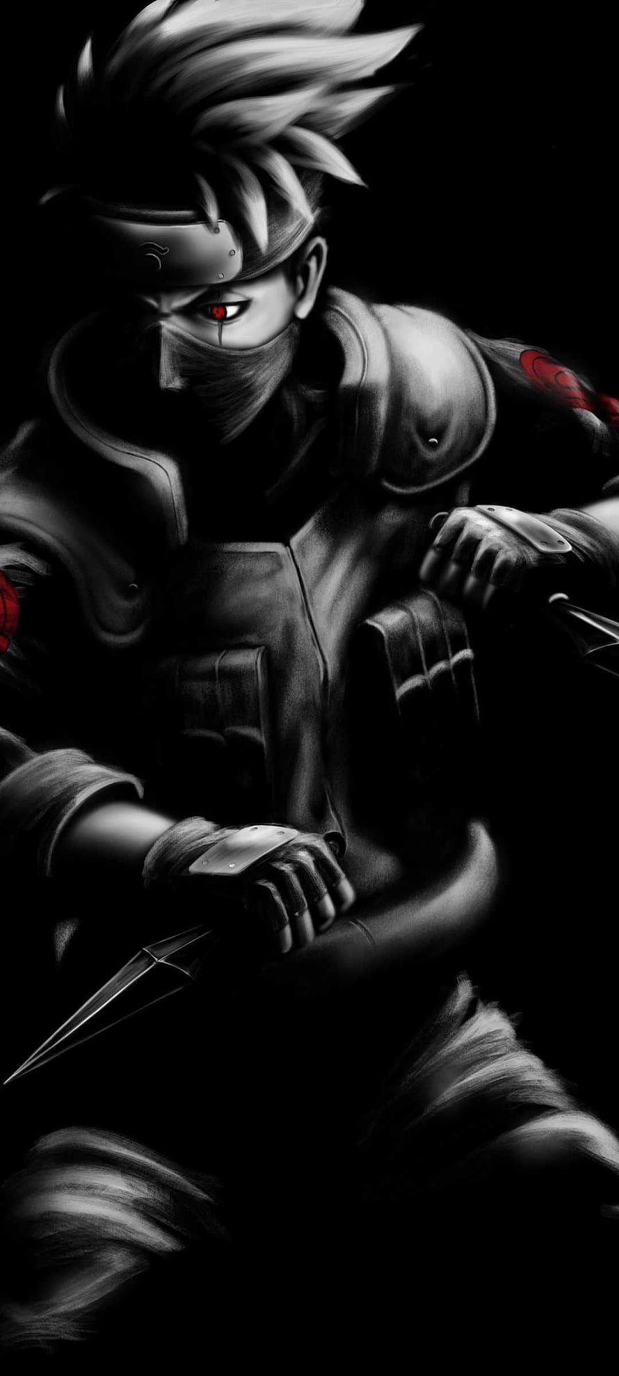 Naruto Rock Lee Black and White Anime Portrait with Red Sharingan Eye and Kunai HD phone wallpaper