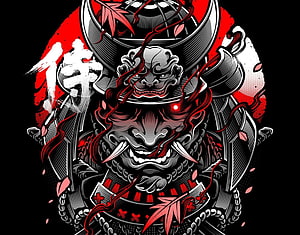 Japanese Oni Mask and Samurai Armor Illustration in Red and Black Ink Style HD wallpaper