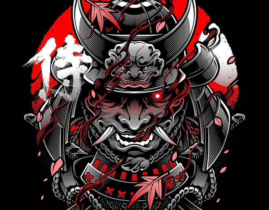 Japanese Oni Mask and Samurai Armor Illustration in Red and Black Ink Style HD wallpaper