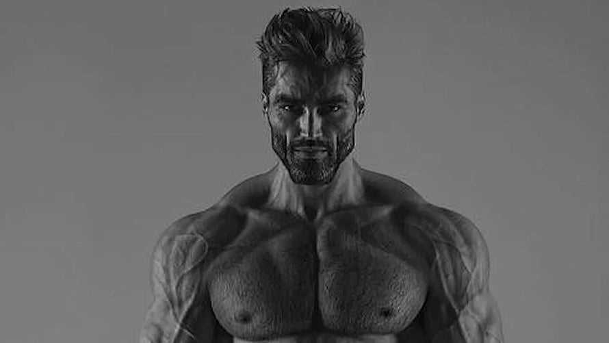 Black and White Portrait of a Muscular Bearded Man with Intense Gaze HD wallpaper