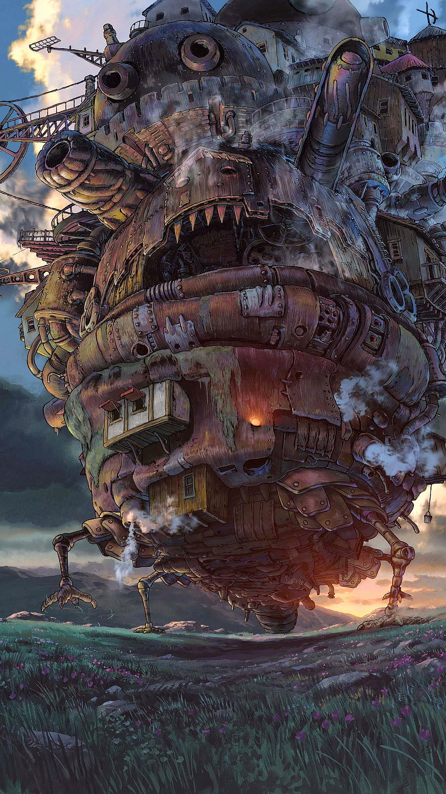 Howl's Moving Castle Steampunk Mechanical Beast Walking Through a Flower Field at Sunset HD phone wallpaper