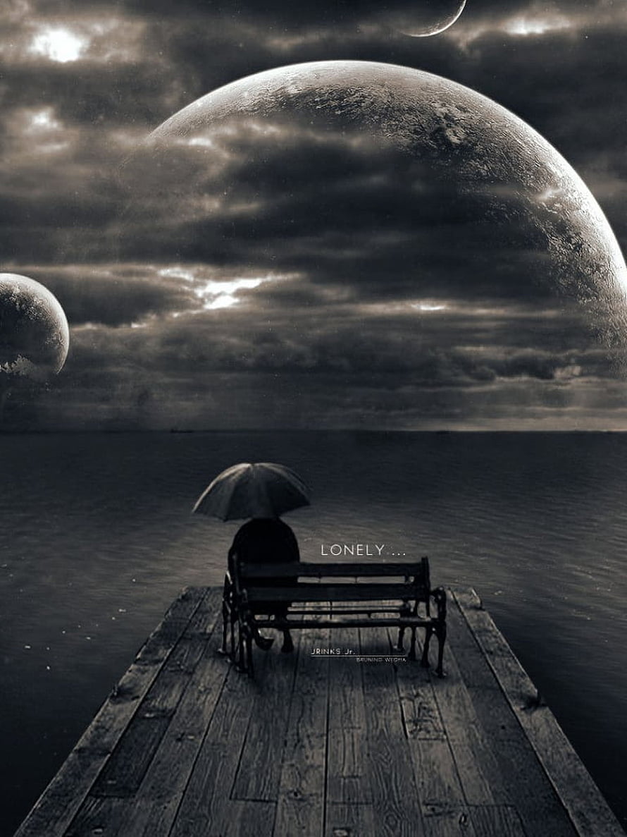 Solitary Figure with Umbrella on Pier Beneath Giant Planets in Moody Sky HD phone wallpaper