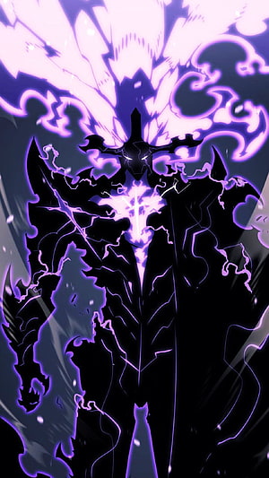 Solo Leveling Shadow Monarch Armor Form with Purple Energy Aura and Dark Silhouette HD phone wallpaper