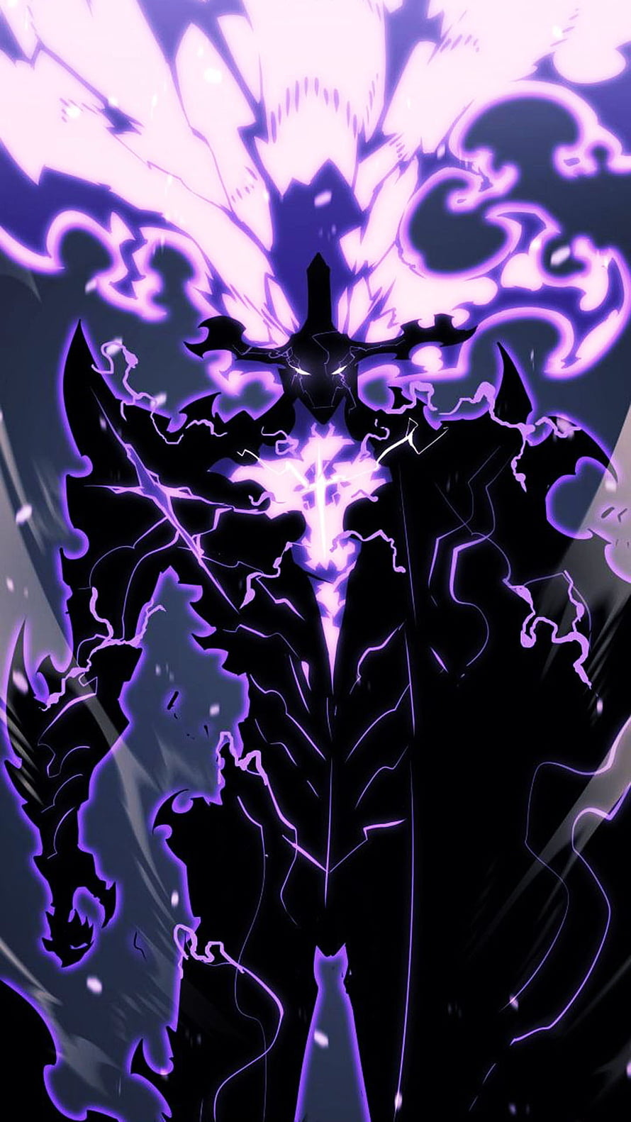 Solo Leveling Shadow Monarch Armor Form with Purple Energy Aura and Dark Silhouette HD phone wallpaper