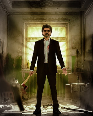Thalapathy Vijay as Beast in a dark suit holding an axe in a ruined room HD phone wallpaper