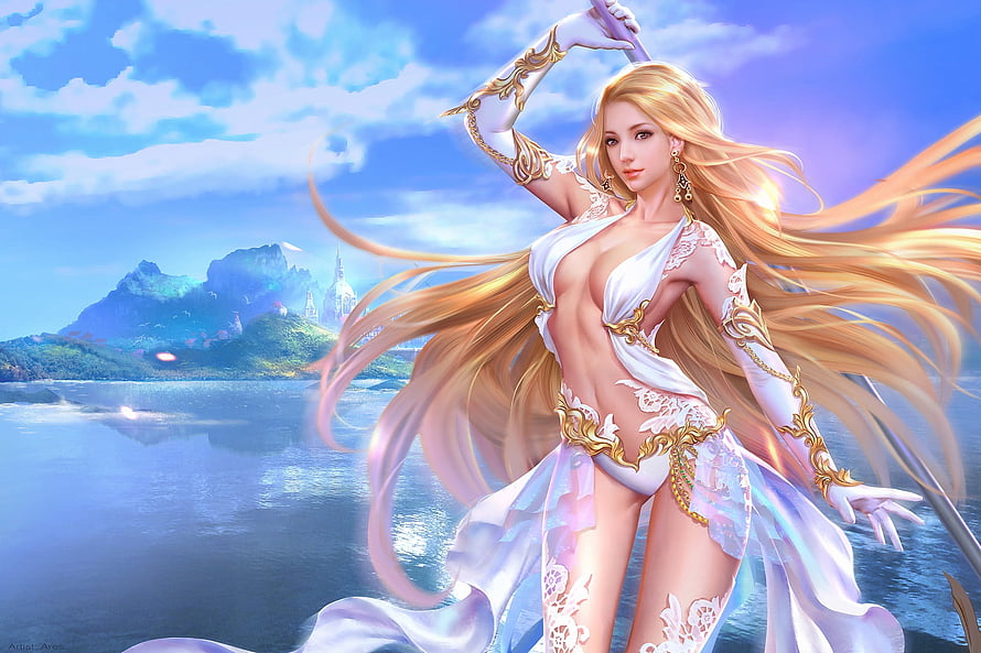 Blonde Fantasy Woman in White and Gold Attire Standing by a Serene Lake HD wallpaper