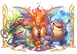 Pokemon Kanto Starters and Evolutions with Ash and Pikachu HD wallpaper