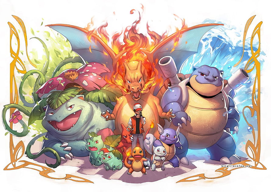 Pokemon Kanto Starters and Evolutions with Ash and Pikachu HD wallpaper