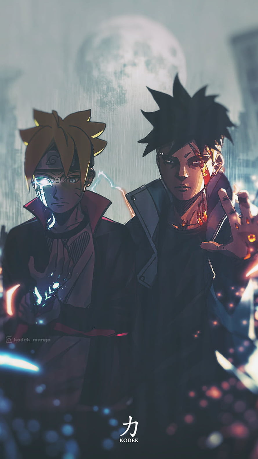 Boruto and Kawaki anime illustration with glowing chakra and full moon backdrop HD phone wallpaper