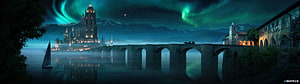 Fantasy Castle and Ancient Stone Bridge Under Green Aurora Borealis at Night HD wallpaper