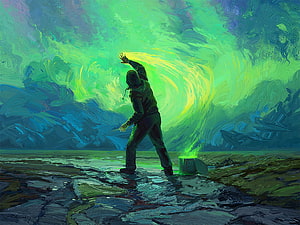 Painterly figure reaching toward a glowing green energy burst in a surreal landscape HD wallpaper