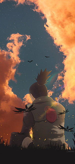 Shikamaru Nara Silhouette Gazing at Sunset Sky with Birds and Crescent Moon HD phone wallpaper