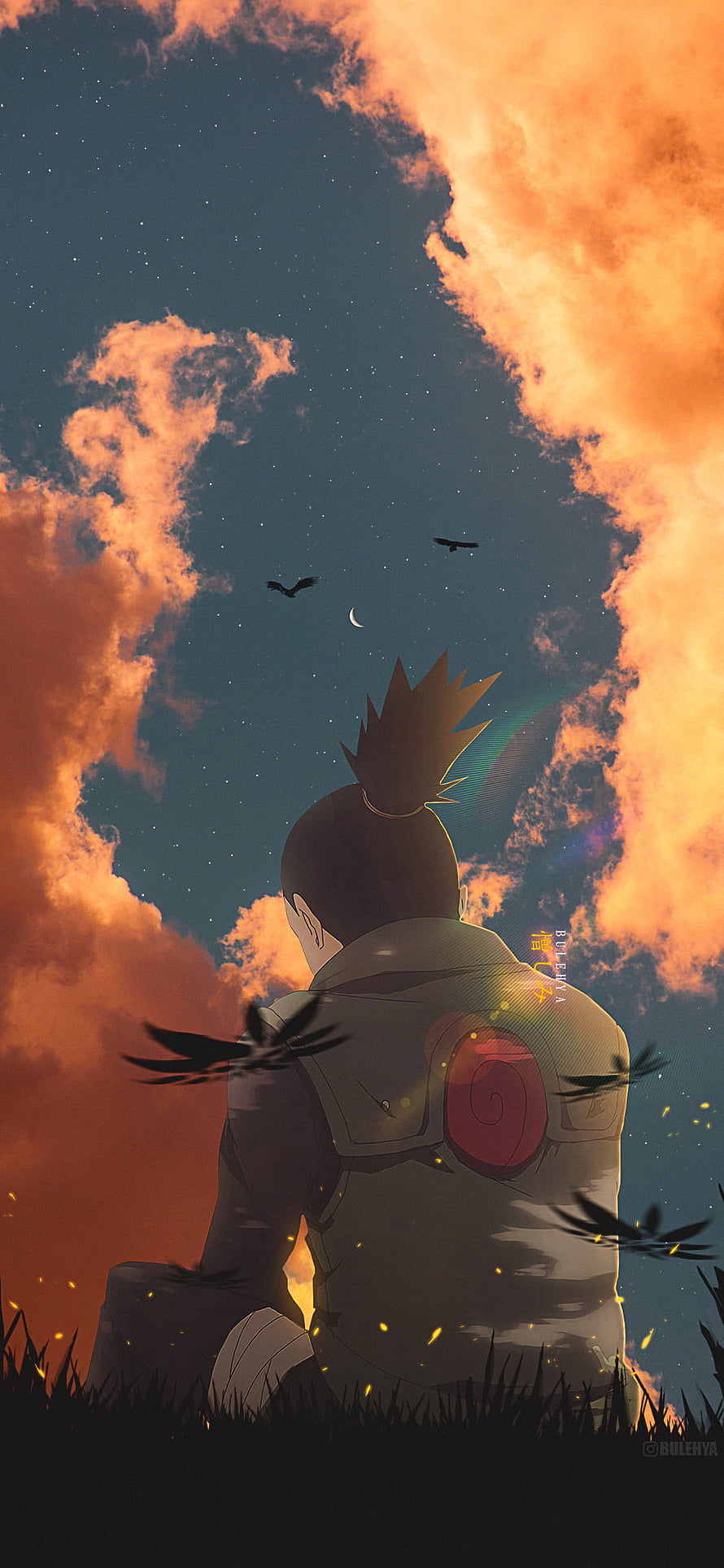 Shikamaru Nara Silhouette Gazing at Sunset Sky with Birds and Crescent Moon HD phone wallpaper