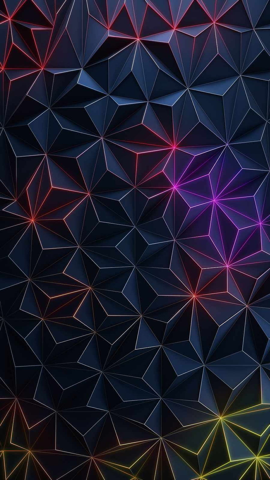 Dark Abstract Geometric Pattern with Neon Glowing Lines and Triangular Facets HD phone wallpaper