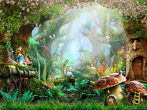 Enchanted Forest Fantasy Scene with Mushroom Houses and Fairy Cottages HD wallpaper