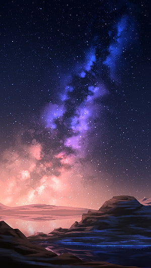 Digital Art of the Milky Way Galaxy Arching Over a Serene Mountain Landscape at Night HD phone wallpaper