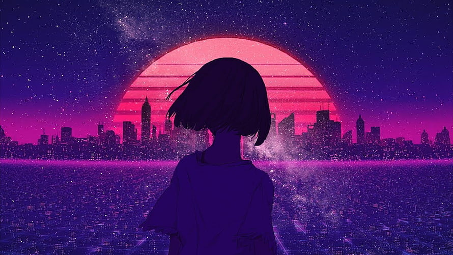 Anime Girl Silhouette Gazing at Neon City Skyline Under a Giant Pink Sun HD wallpaper