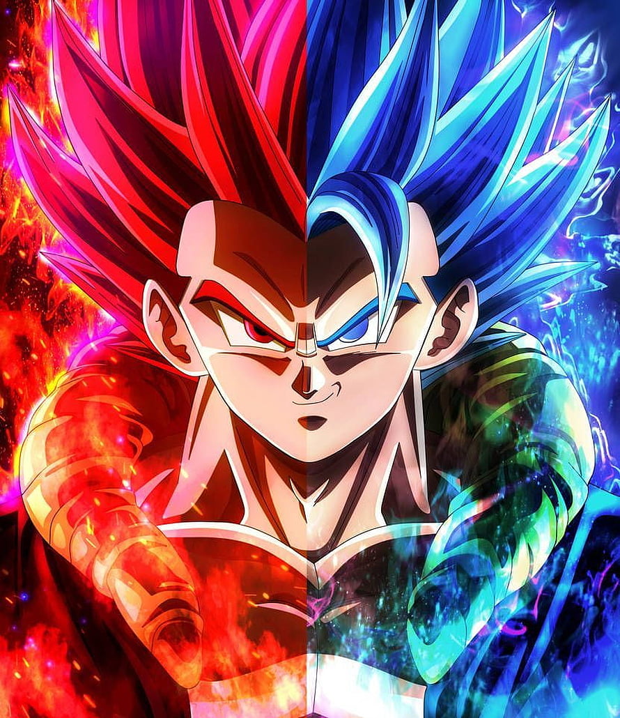Goku Split Portrait in Dragon Ball Super Artwork with Red and Blue Energy Auras HD phone wallpaper
