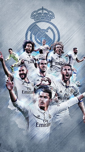 Real Madrid Squad Celebration Collage with Team Crest and White Home Kits HD phone wallpaper