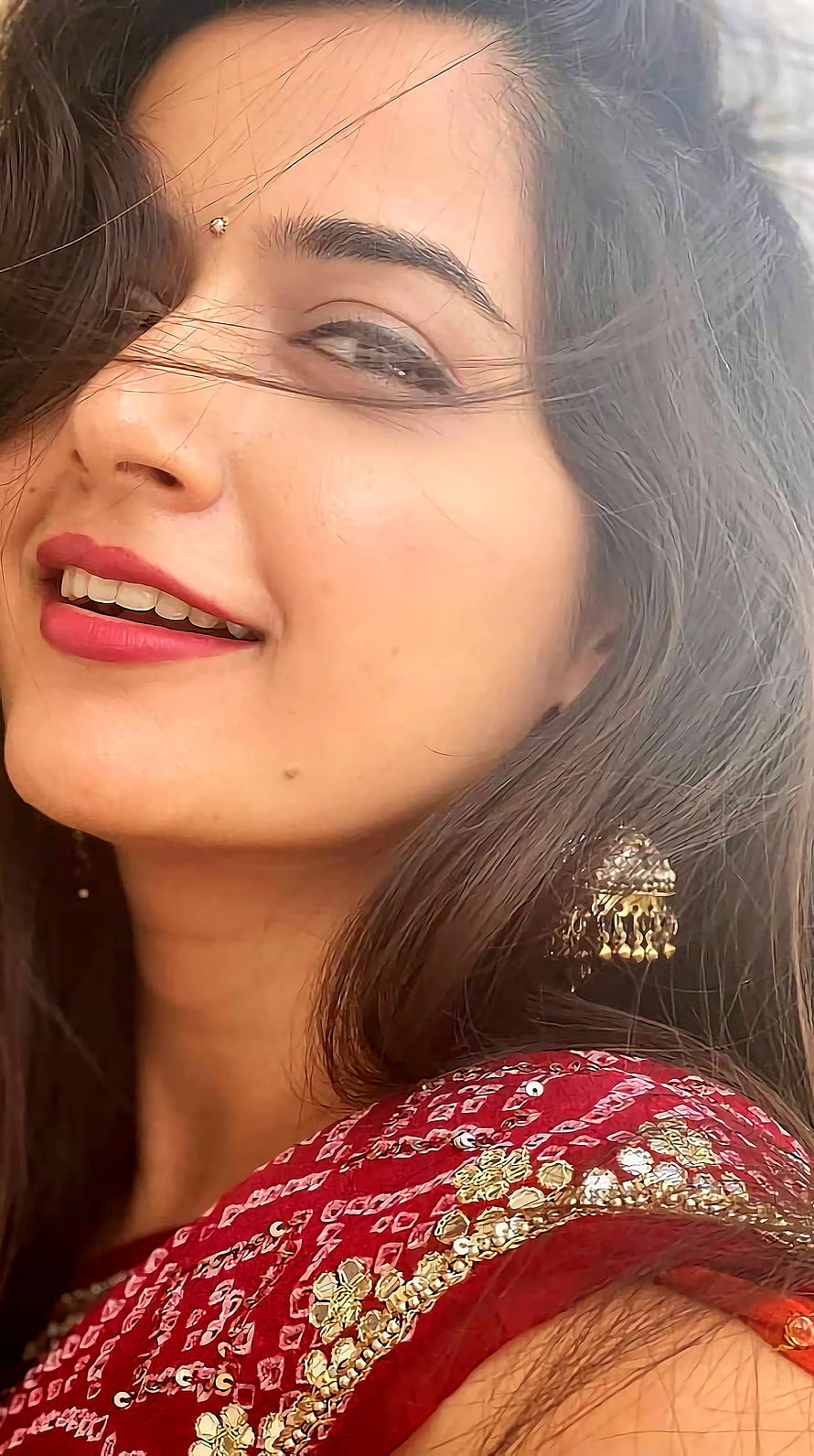 Ashika Ranganath in Traditional Red Ethnic Wear with Gold Jhumka Earrings HD phone wallpaper