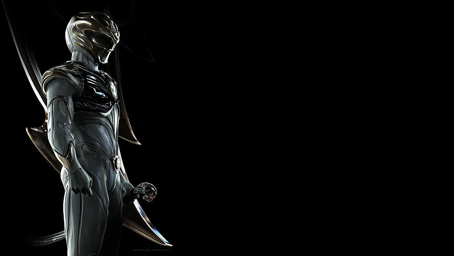 Black Power Ranger in Sleek Metallic Armor Holding a Curved Blade Against a Dark Background HD wallpaper
