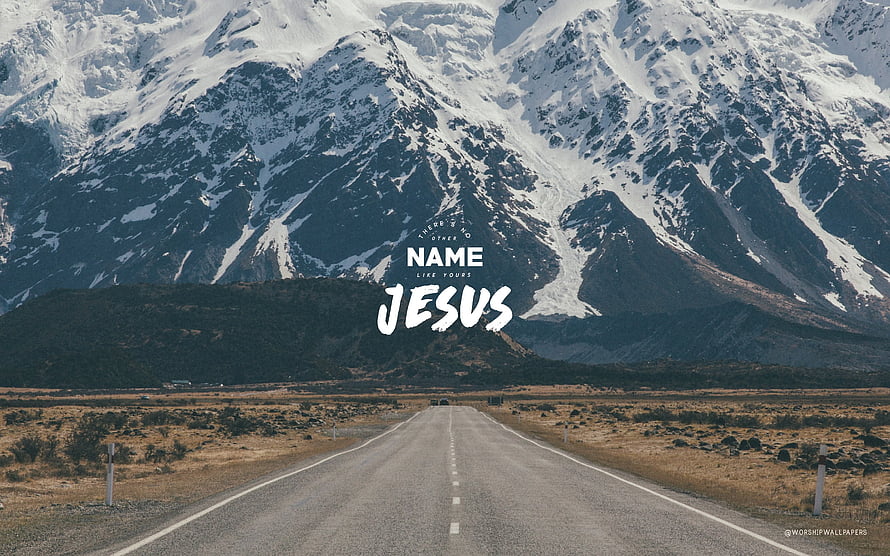 Jesus Name Above Snowy Mountain Road with Inspirational Text Overlay HD wallpaper