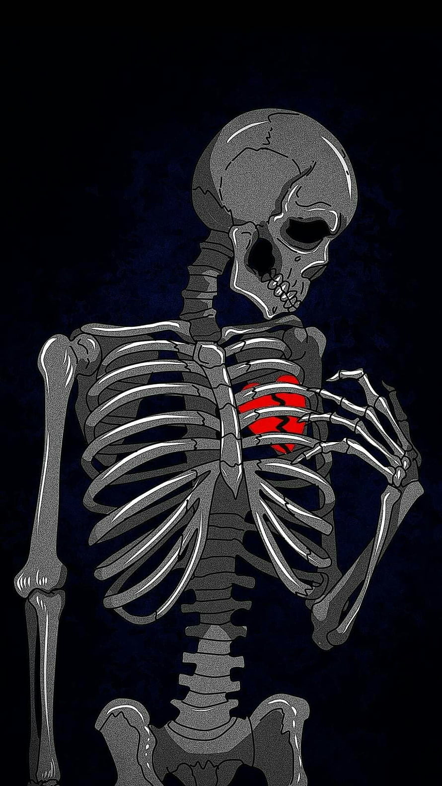 Broken Heart Skeleton Illustration with Red Heart and Dark Background HD phone wallpaper