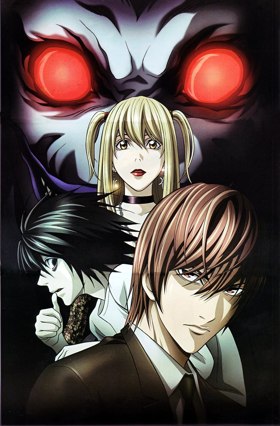 Death Note Anime Poster Featuring Light Yagami, Misa Amane, and L with Menace Face HD phone wallpaper