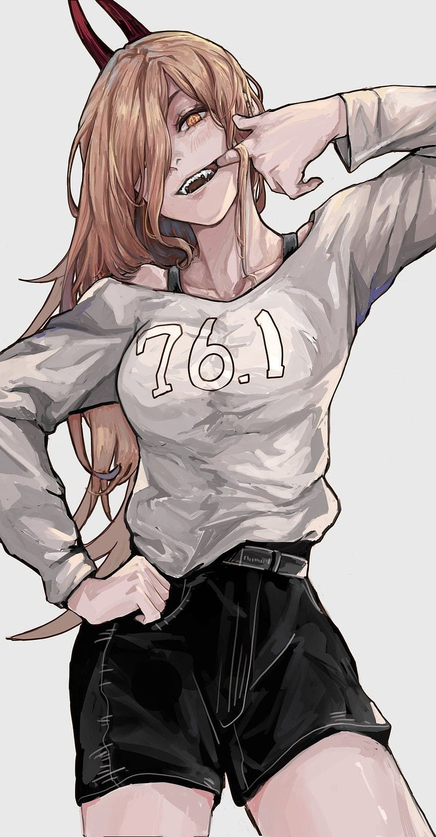 Power from Chainsaw Man in a casual white shirt and black shorts with a playful pose HD phone wallpaper