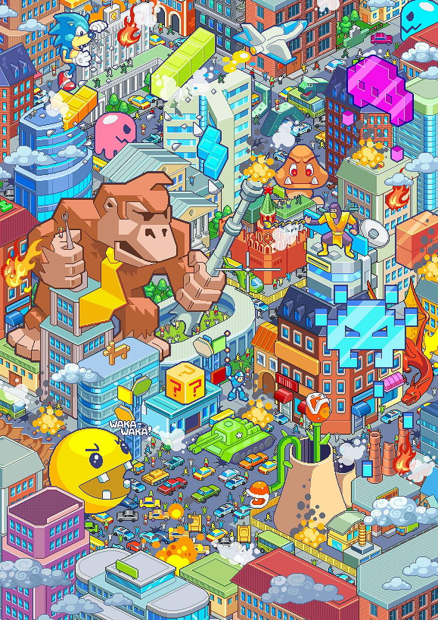 Sonic the Hedgehog and Pac-Man in a Chaotic Pixel Art City with Giant Monsters HD phone wallpaper