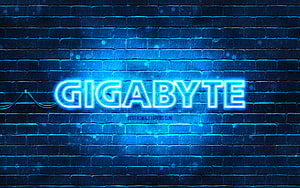 Gigabyte neon sign glowing in blue light against a dark brick wall texture HD wallpaper