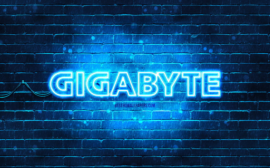 Gigabyte neon sign glowing in blue light against a dark brick wall texture HD wallpaper