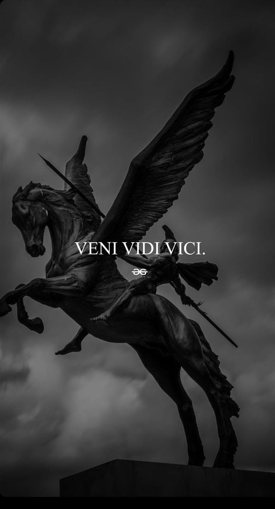 Monochrome Pegasus Statue with Rider Against Dramatic Stormy Sky HD phone wallpaper