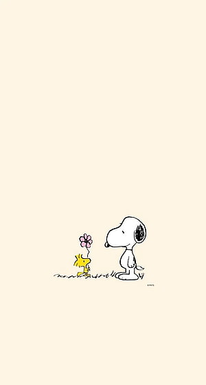 Snoopy and Woodstock with a Pink Flower on a Cream Background HD phone wallpaper