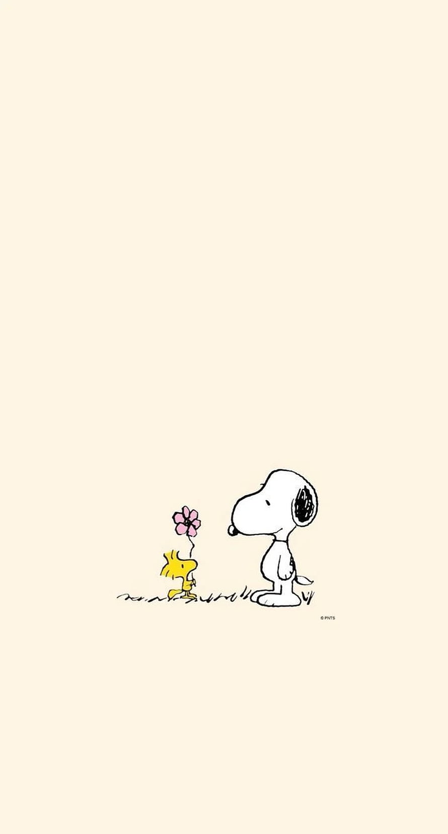 Snoopy and Woodstock with a Pink Flower on a Cream Background HD phone wallpaper