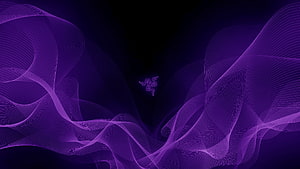 Razer Purple Abstract Wave Line Art with Glowing Logo on Dark Background HD wallpaper
