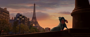 Ratatouille Animated Mouse Gazing at Parisian Skyline with Eiffel Tower at Sunset HD wallpaper