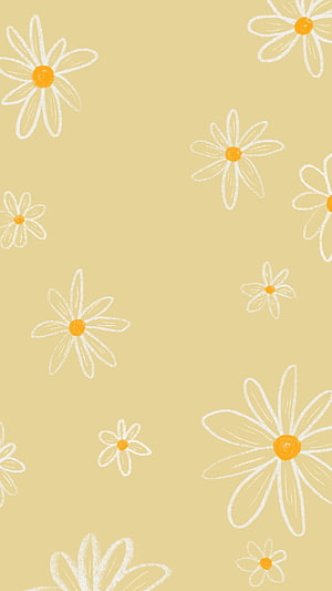 Hand-drawn white daisies with yellow centers on a soft mustard background HD phone wallpaper