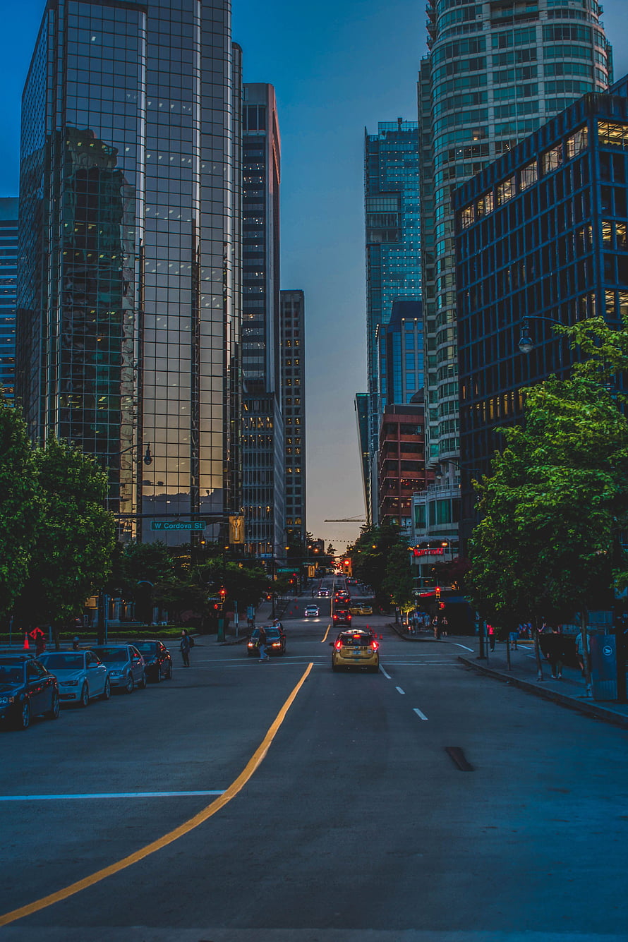 Downtown Seattle Street View at Dusk with Glass Skyscrapers and Traffic HD phone wallpaper