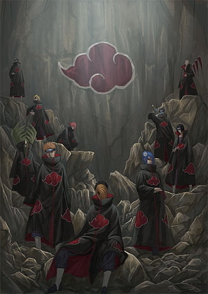 Akatsuki Members Gathered in a Rocky Canyon with Red Cloud Symbol HD phone wallpaper