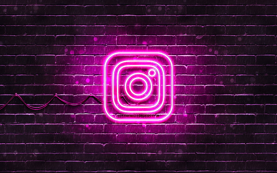 Instagram Neon Logo Glowing on Dark Brick Wall HD wallpaper