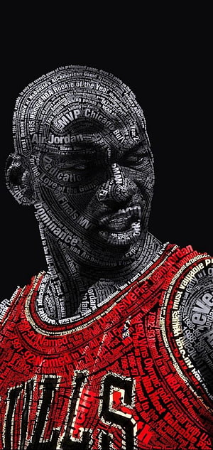 Michael Jordan Portrait Composed of Career Milestones and NBA Records in Red and Black HD phone wallpaper