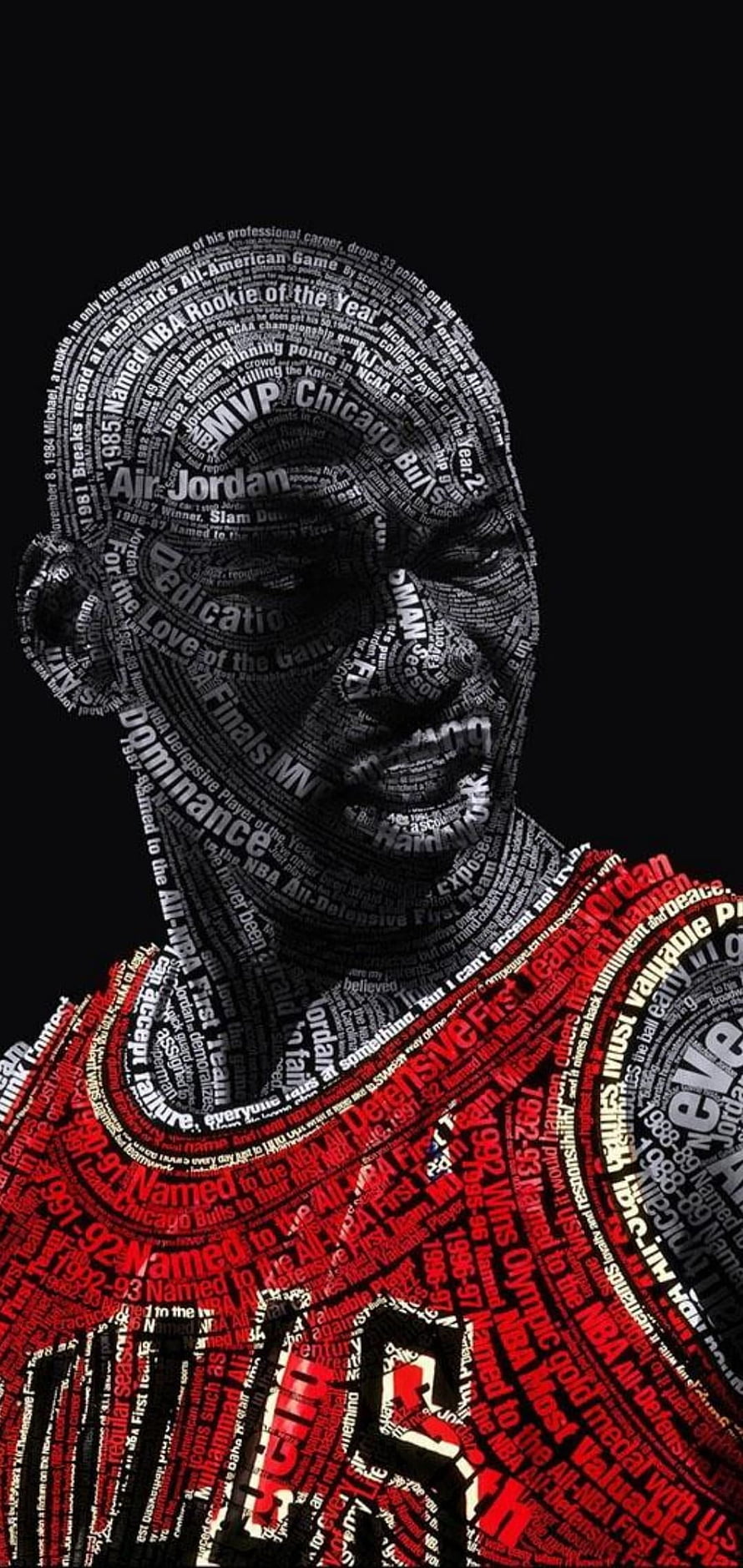 Michael Jordan Portrait Composed of Career Milestones and NBA Records in Red and Black HD phone wallpaper