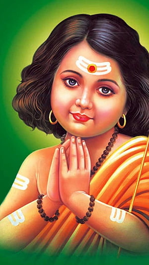 Young Hindu Deity in Orange Saree with Hands in Prayer Pose and Rudraksha Beads HD phone wallpaper