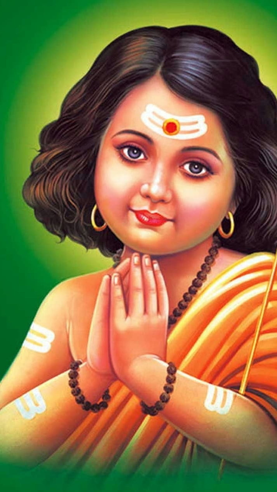 Young Hindu Deity in Orange Saree with Hands in Prayer Pose and Rudraksha Beads HD phone wallpaper
